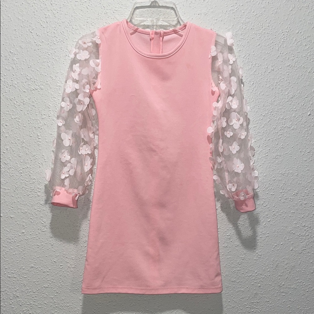 Elegant Pink Kids Dress with Floral Mesh Sleeves